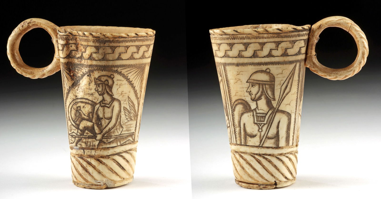 18th C. European Engraved Antler Cup - Soldiers Scene: Europe, Neoclassical period, ca. 18th century CE. An elegant engraved antler cup, possibly intended as a hunter's powder cup, featuring meticulous incised and inked decoration. The conical vessel is