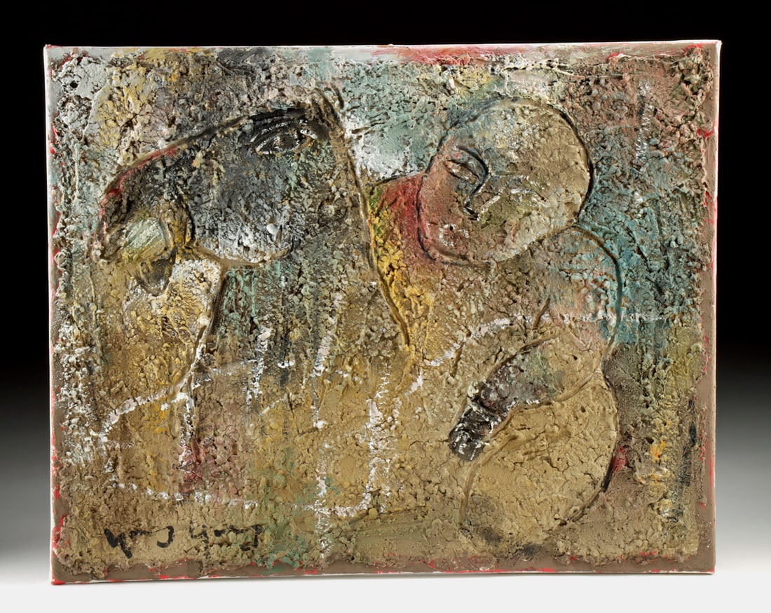 Yang Yang Painted Relief - Figure on Horse: Yang Yang (Chinese-American, b. 1953). Figure on Horse. Mixed media: gesso and paint on canvas, n.d. Signed at lower left. A dynamic mixed media painting by Yang Yang, executed in gesso and paint on