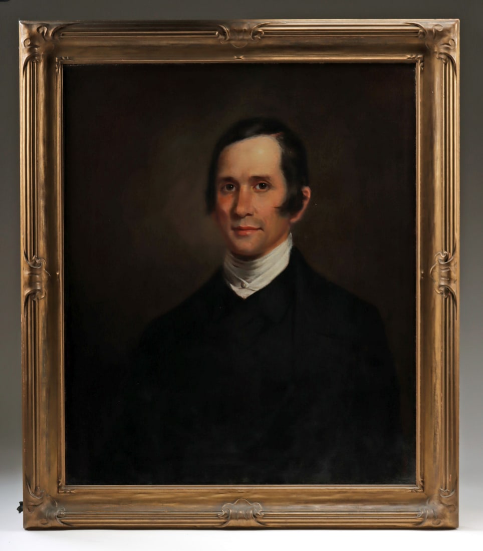 19th C. Portrait Painting of Reverend John Thomas Wheat: Anonymous (American, active XIX century). "Portrait of Reverend John Thomas Wheat (1801-1888)" oil on canvas, ca. mid 19th century CE. Unsigned. A dignified likeness of Reverend John Thomas Wheat