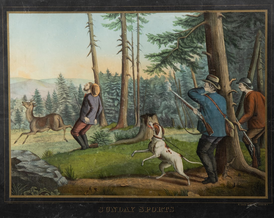 Henry Schile Hand Colored Litho "Sunday Sports" (1874): Henry Jerome Schile (German-born American, 1829-1901). "Sunday Sports" color lithograph, 1874. Signed, dated, and titled beneath image within plate. A darkly comic slice of 19th century sporting