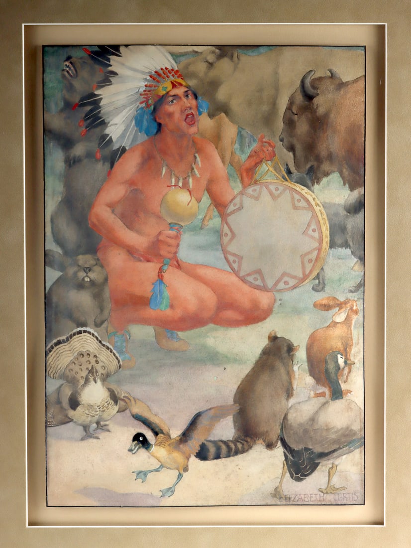 Elizabeth Curtis Watercolor "Manabozho, Mischief Maker": Elizabeth Curtis (American, 1873-1946). "Manabozho, The Mischief Maker" watercolor on paper. Signed at lower right. Painted as an illustration for "The Indian Fairy Book, from the original legends"