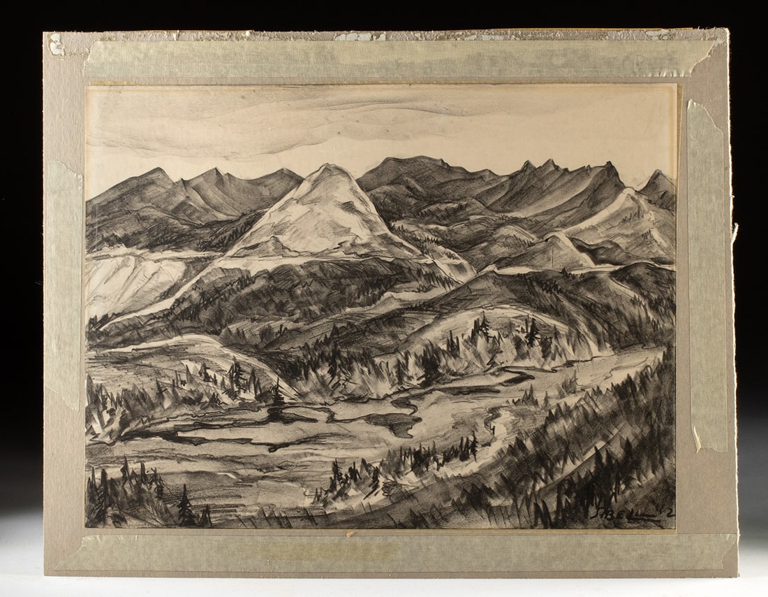 Muriel Sibell-Wolle Charcoal Drawing - Mountains (1942): Muriel Sibell-Wolle (American, 1898-1977). Mountain Landscape. Charcoal drawing on paper, 1942. Signed and dated at lower right. A sweeping mountain panorama unfolds in this 1942 charcoal drawing, whe