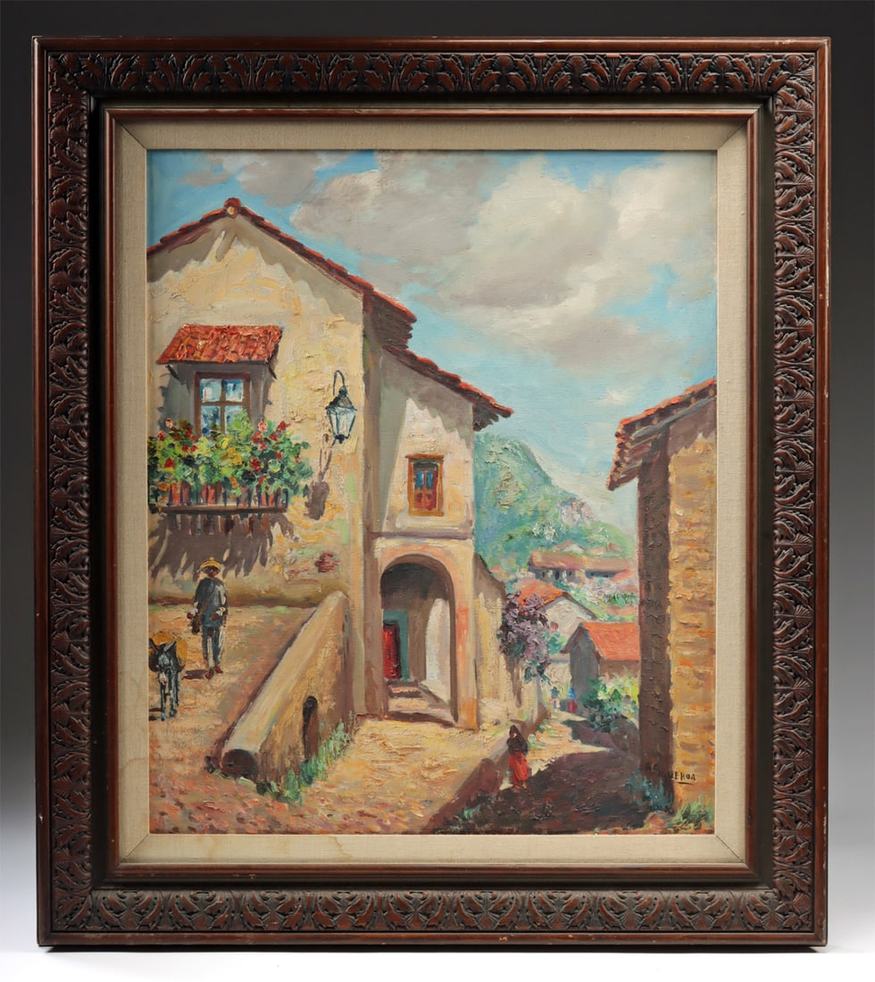 Fidel Figueroa Painting - Village Street Scene in Taxco: Fidel Figueroa (Mexican, 1905-1975). Village Street Scene in Taxco, Mexico. Oil on canvas, n.d. Signed at lower right. Warm sunlight washes across the steep streets and stucco facades of Taxco in this