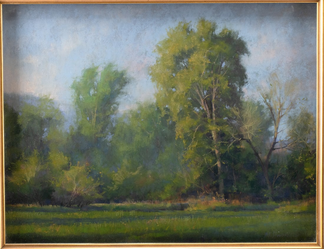 Marc Hanson Pastel - "Morning Cottonwood": Marc R. Hanson (American, b. 1955). "Morning Cottonwood" pastel on Wallis paper, n.d. A quiet stand of cottonwoods rises from a veil of morning light, their crowns dissolving into a soft blue haze as