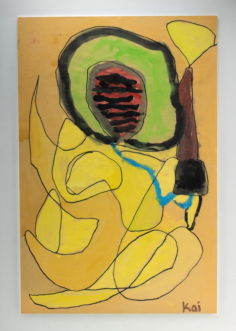 Abstract Mixed Media Painting by Kai: Kai (American?, active XX-XXI). Abstract painting. Mixed media: ink and acrylic on foamboard. Signed at lower right. A bold and enigmatic composition unfolds through looping black ink lines and satura