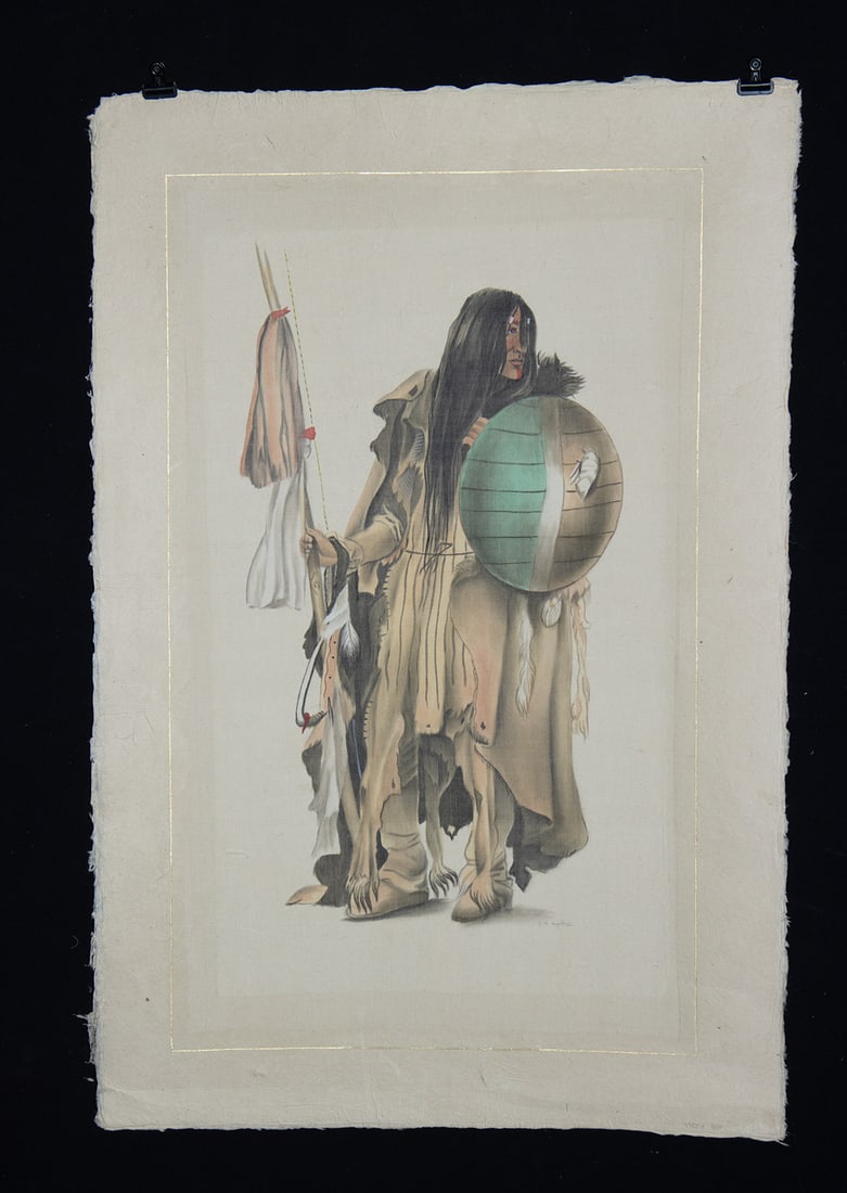 L. R. Laffitte Watercolor after Bodmer - "Assiniboine": La Roche Laffitte (French, b. 1943). After Johann Carl Bodmer (Swiss-French, 1809-1893). "Assiniboine Indian" watercolor on silk, n.d. Signed at lower right. A refined and atmospheric watercolor on si