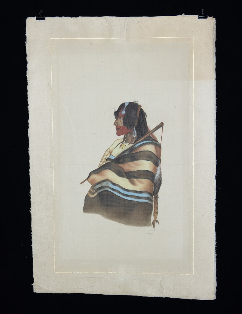 L. R. Laffitte Watercolor after Bodmer - "Kiasax": La Roche Laffitte (French, b. 1943). After Johann Carl Bodmer also known as Karl Bodmer (Swiss-French, 1809-1893). "Kiasax, a Piegen Blackfeet Warrior" watercolor on silk, n.d. Signed at lower right.