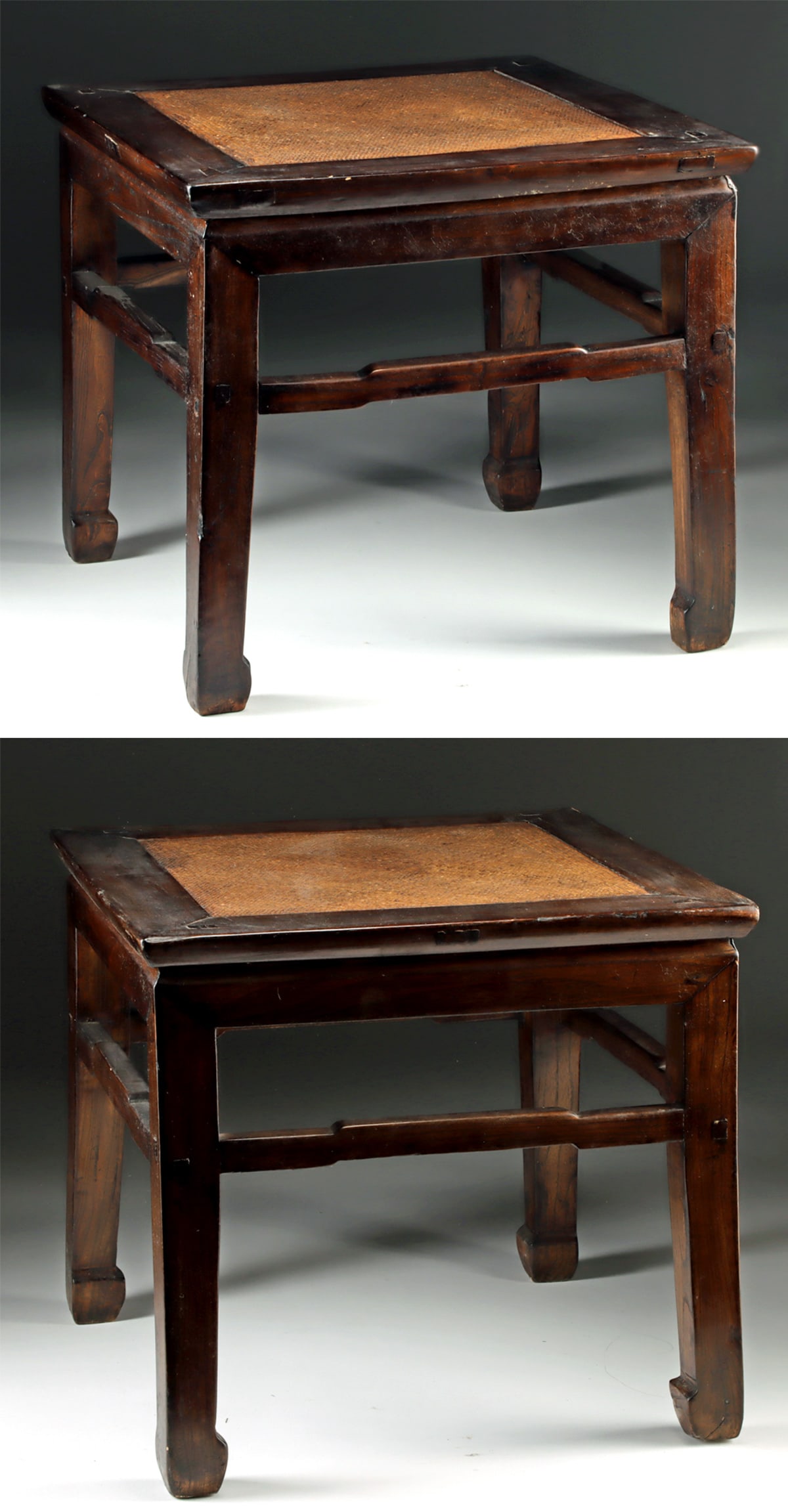 Qing Dynasty Chinese Wood & Cane Stools / Side Tables: East Asia, China, Qing Dynasty, ca. 19th to early 20th century CE. A fine matching pair of wooden stools, known as fang deng, which can also serve as side tables. Likely carved from elm or huanghuali