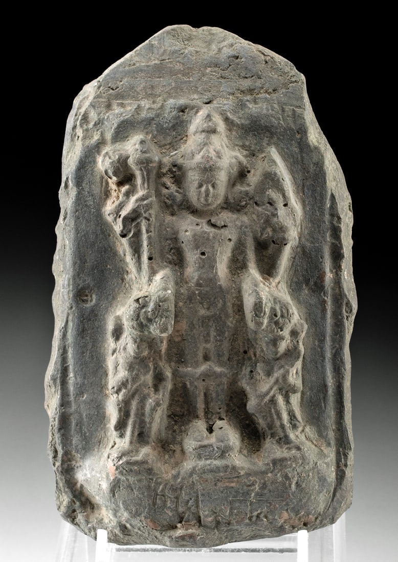 Indian Pottery Plaque - Vishnu with Lakshmi & Sarasvati: South Asia, India, ca. 20th century CE. A delightful pottery plaque depicting the god Vishnu, one of the principal deities of the Hindu pantheon, standing in a strong, balanced posture, holding a mace