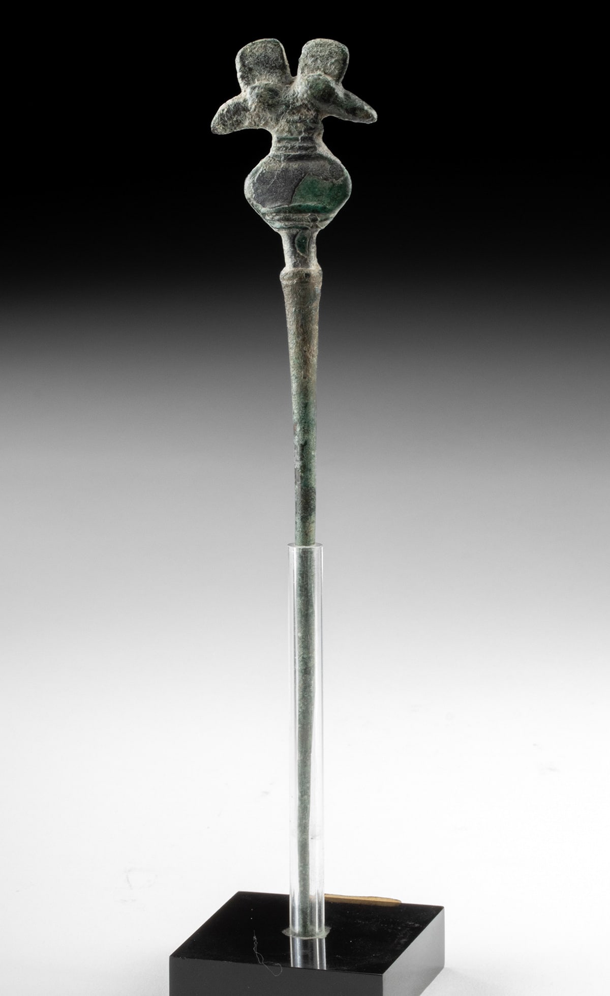 Luristan Bronze Cloak Pin - Double Bird Head Finial: Ancient Central Asia, Luristan, Western Iran, Iron Age III, ca. 8th to 7th century BCE. A refined bronze cloak pin distinguished by a sculptural finial formed as two outward-facing bird heads, their m