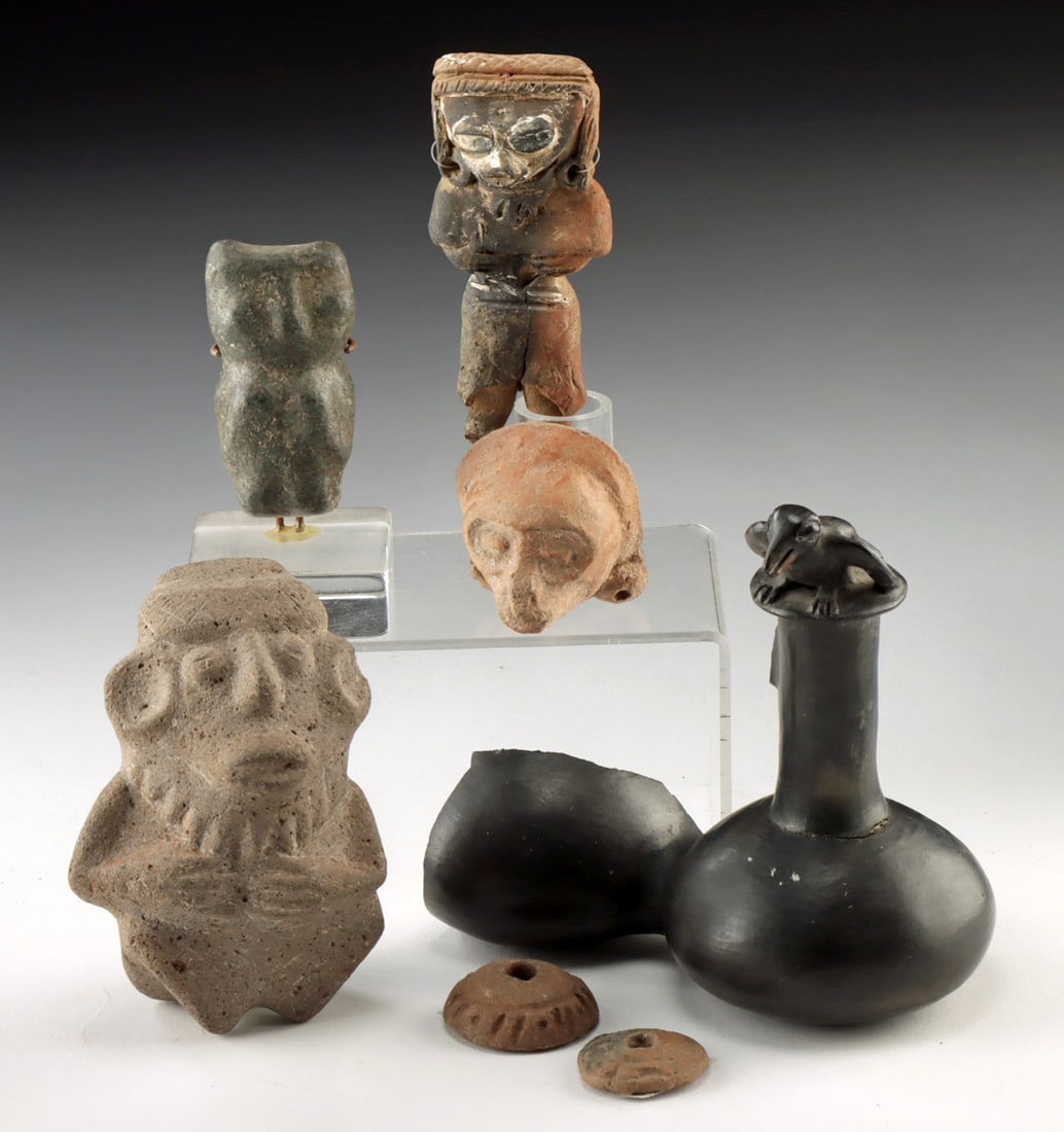 6 Pre-Columbian Pottery and Greenstone Artifacts: Pre-Columbian, Mesoamerica, Guerrero, Mezcala culture, ca. 700 to 200 BCE; Central Mexico, Chupicuaro culture, ca. 500 BCE to 200 CE; Mesoamerica, Maya culture, ca. 600 to 900 CE; South America, Peru,
