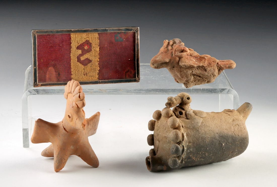 4 Colima, Maya, Chimu & Costa Rican Pottery & Textile: Pre-Columbian, Mesoamerica, West Mexico, Colima, ca. 300 BCE to 300 CE; Mesoamerica, Maya, ca. 250 to 900 CE; South America, Peru, Chimu, ca. 1100 to 1470 CE; Central America, Costa Rica, ca. 500 to 1