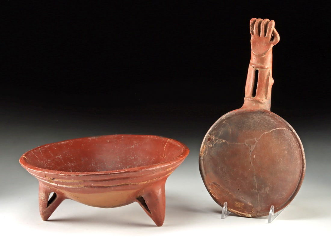 Chupicuaro Pottery Tripod & Costa Rican Ladle w/ Hand: Pre-Columbian, Central Mexico, Chupicuaro, ca. 500 BCE to 300 CE; Central America, Costa Rica, ca. 800 to 1200 CE. A group of two Pre-Columbian pottery vessels, each representing a distinct regional t