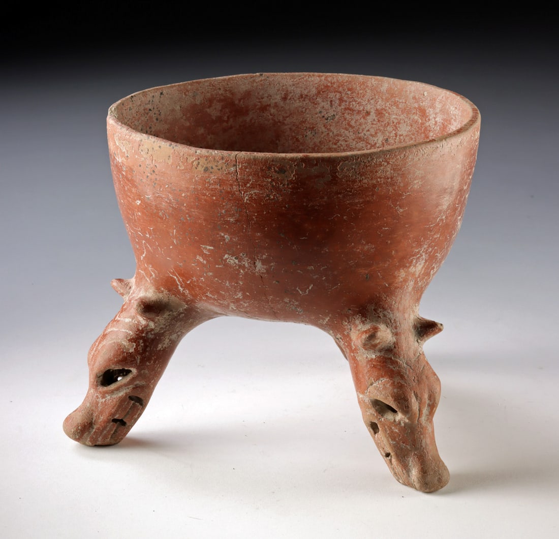 Aztec Redware Tripod Rattle Bowl with Dog Heads (1 of 4)