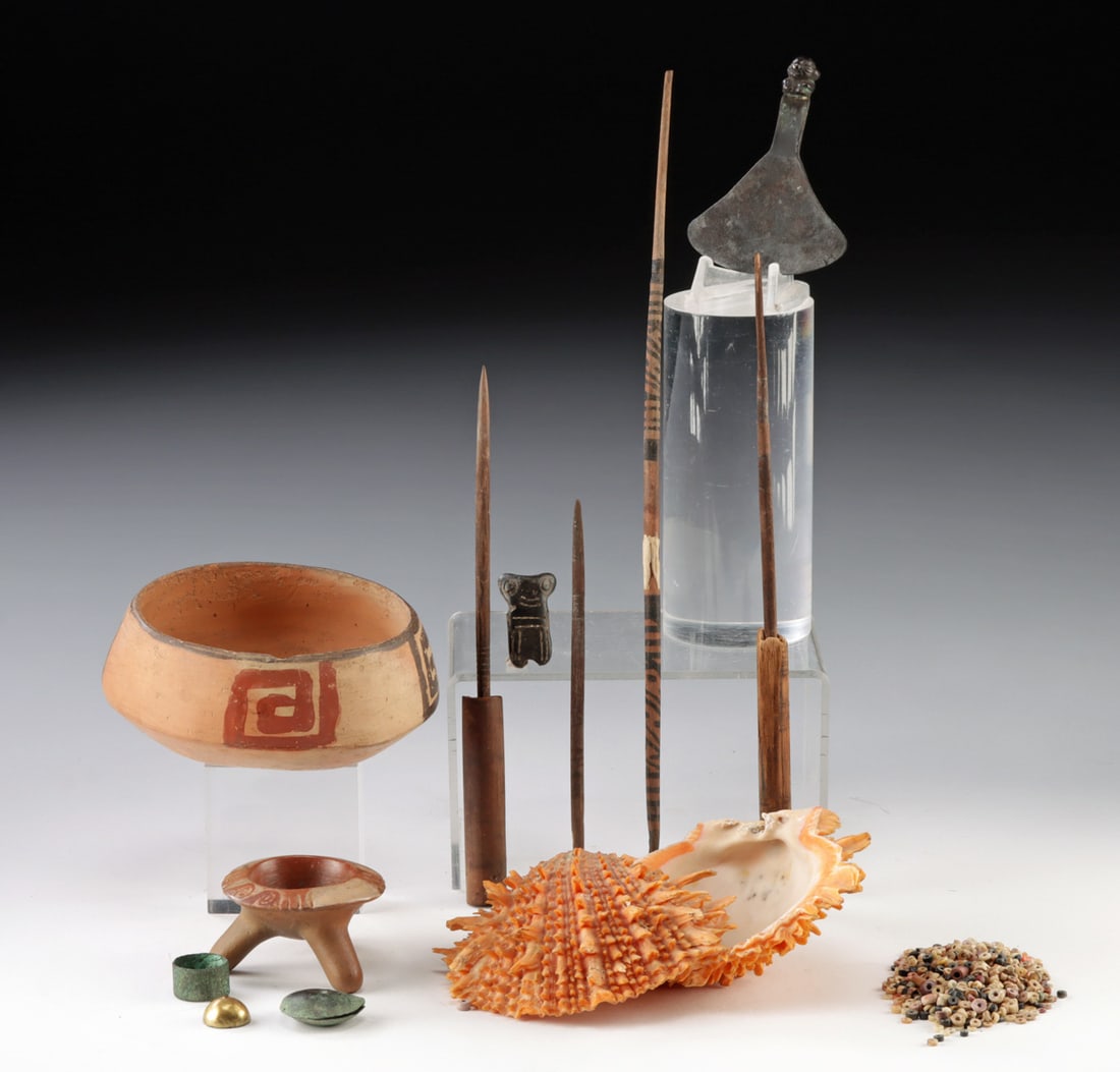 Andean & Mesoamerican Shell Beads, Pottery & Copper: Pre-Columbian / Early Post Conquest, Peru & Mexico, ca. 300 BCE to 1500 CE. A varied group of traditional Andean and Mesoamerican pieces in wood, pottery, shell, copper, and later post-Spanish Conques