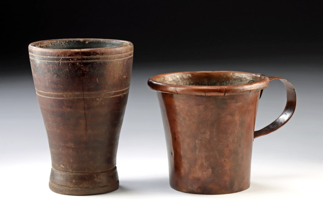 Colonial Peruvian Wood Kero Cup & Copper Mug: North & South America, Peru and United States (or Europe), ca. 18th to 19th century CE. This grouping includes an antique wooden kero-style drinking cup, made in Peru likely just a couple centuries af