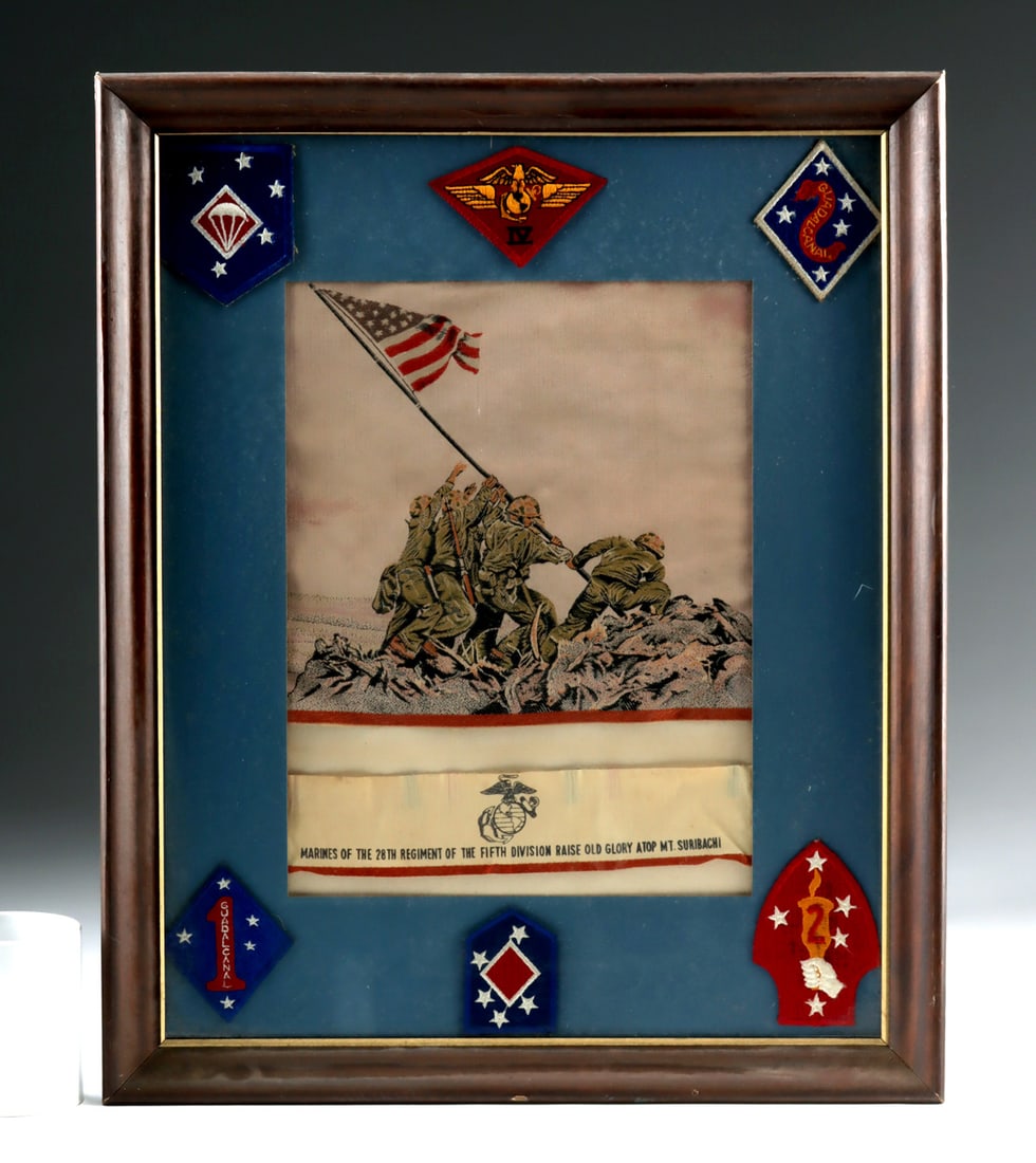 Framed Iwo Jima Needlepoint & USMC Insignia Patches: United States, ca. mid-20th century CE. A framed needlepoint embroidery depicting the iconic Raising the Flag at Iwo Jima, based on the famous photograph by Joe Rosenthal, worked on a square textile p