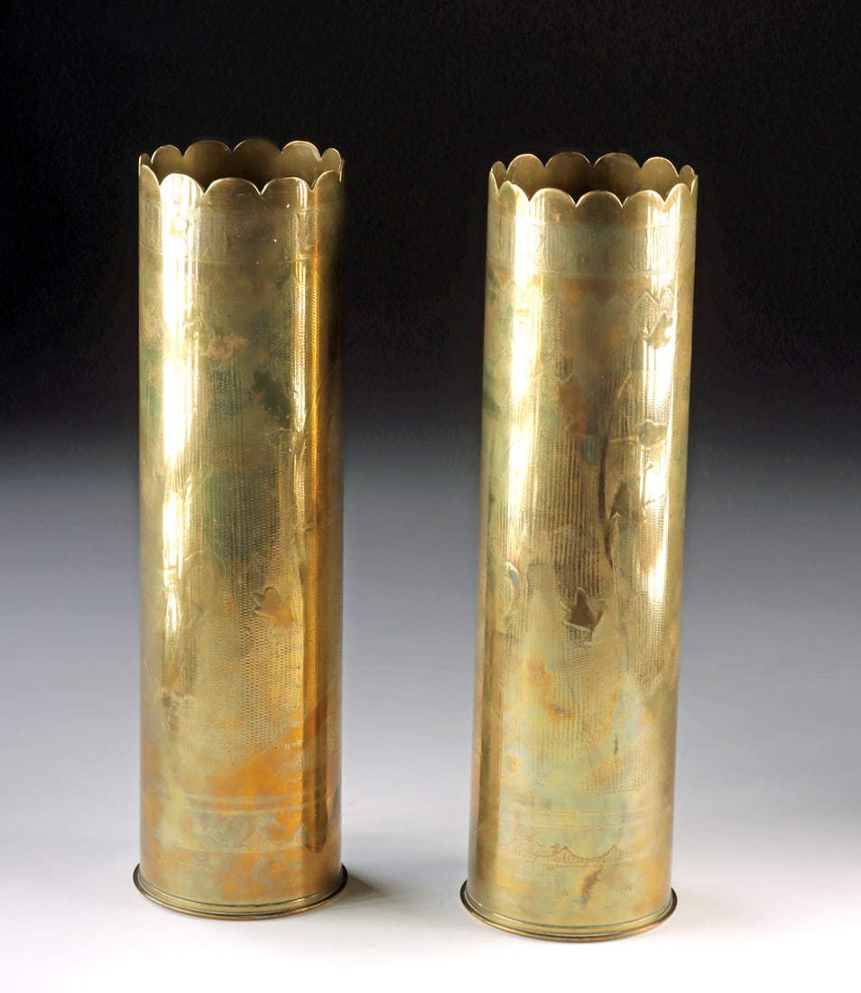 Two WWI French Trench Art Vases - Souvenir de L'Aisne: Western Europe, northern France, the Aisne River, World War I, ca. 1914 to 1918 CE. A striking pair of French World War I trench art vases fashioned from large brass artillery shell casings, each cut