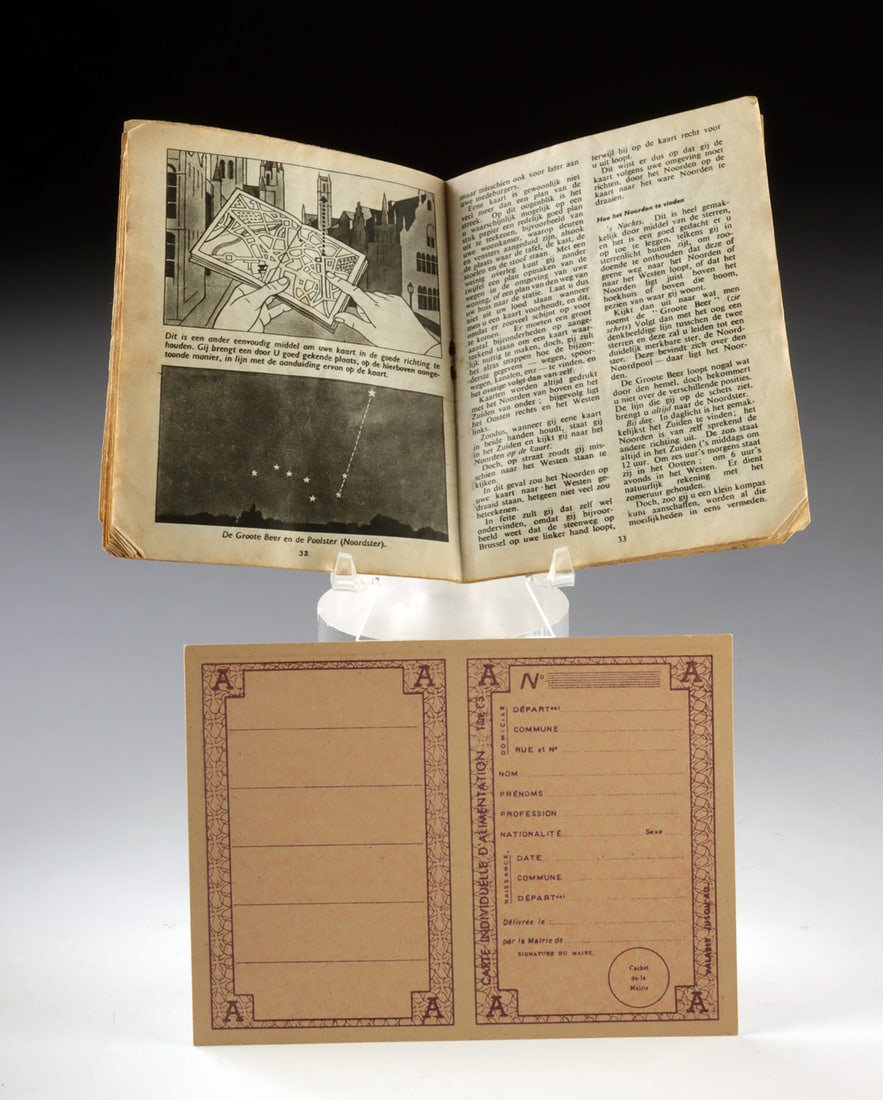 WWII Belgian Resistance Booklet and French Ration Card: Europe, France and Belgium, World War II period, ca. 1940 to 1945 CE. A compelling pair of World War II paper documents reflecting the daily realities of wartime Europe and the anticipation of Allied