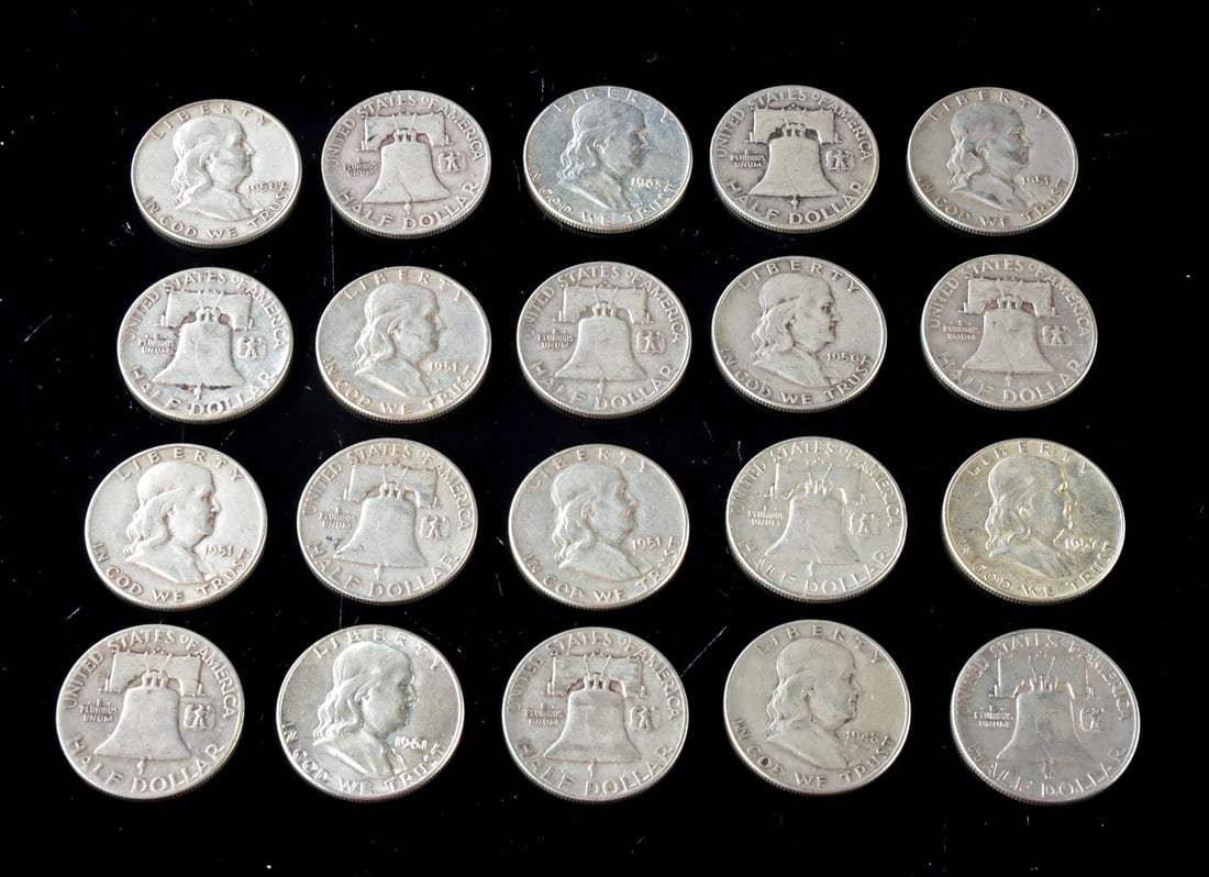 Twenty Franklin Liberty Bell Half Dollar Silver Coins (1 of 2)