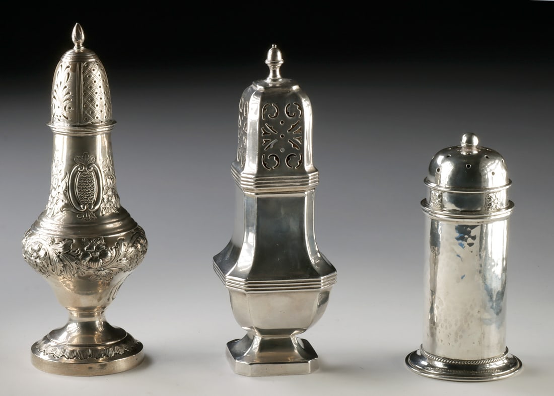 Set of Three English Birmingham Silver Muffineers: Northern Europe, England, Birmingham, ca. 1894 to 1941 CE. A handsome group of three English Birmingham silver sugar casters spanning the late Victorian era through the World War II period, illustrati