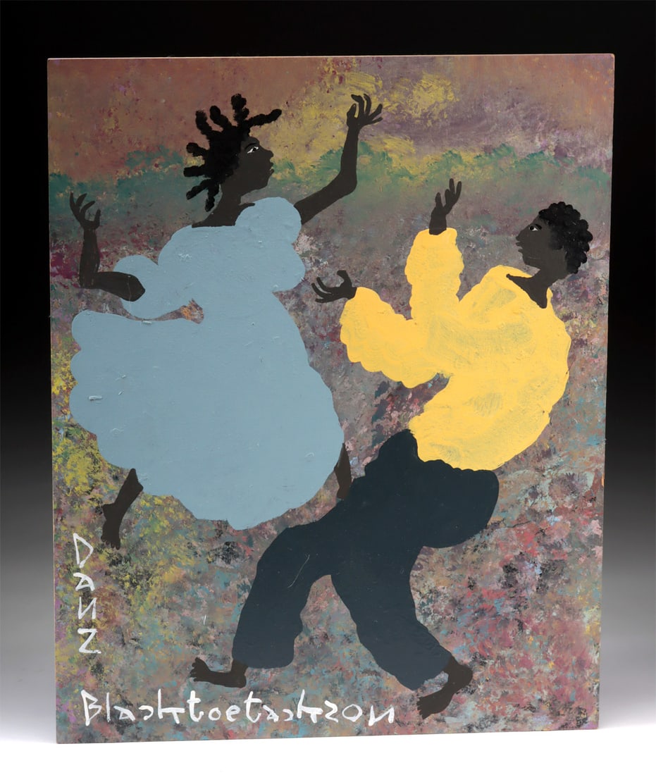 Black Joe Jackson Painting - "Danz": Black Joe Jackson (American, 1922-1997). "Danz" house paint on plywood, n.d. Signed at lower left and titled down left margin. Black Joe Jackson's "Danz," a spirited expression rendered in house paint