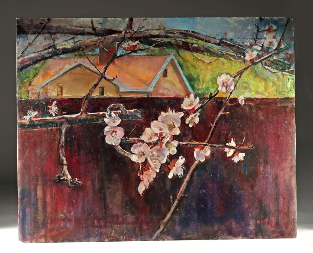 Arthur Knebel Painting - "Orchids Outside" (2007): Arthur Knebel (American, 1925-2013). "Orchids Outside" oil on Masonite, 2007. Signed and dated at lower right. A moment of fragile beauty unfolds against a quietly brooding ground in "Orchids Outside"