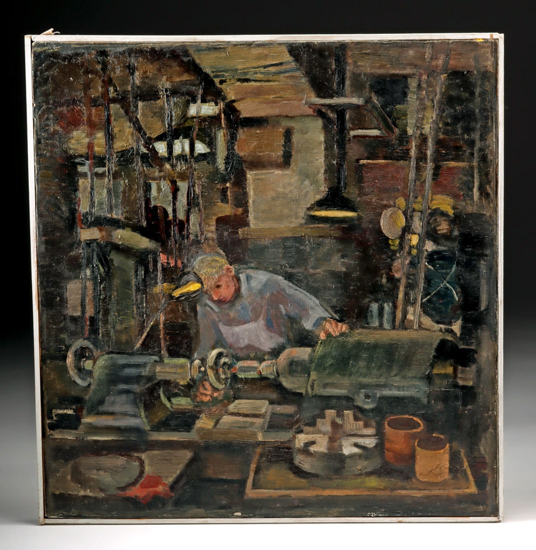 Edith Kramer Painting - "Man on Lathe II" (1949): Edith Kramer (Austrian born American, 1916-2014). "Man on Lathe II" oil on linen, 1949. Signed and dated in black paint at lower right. A captivating painting by Edith Kramer, a fascinating artist as