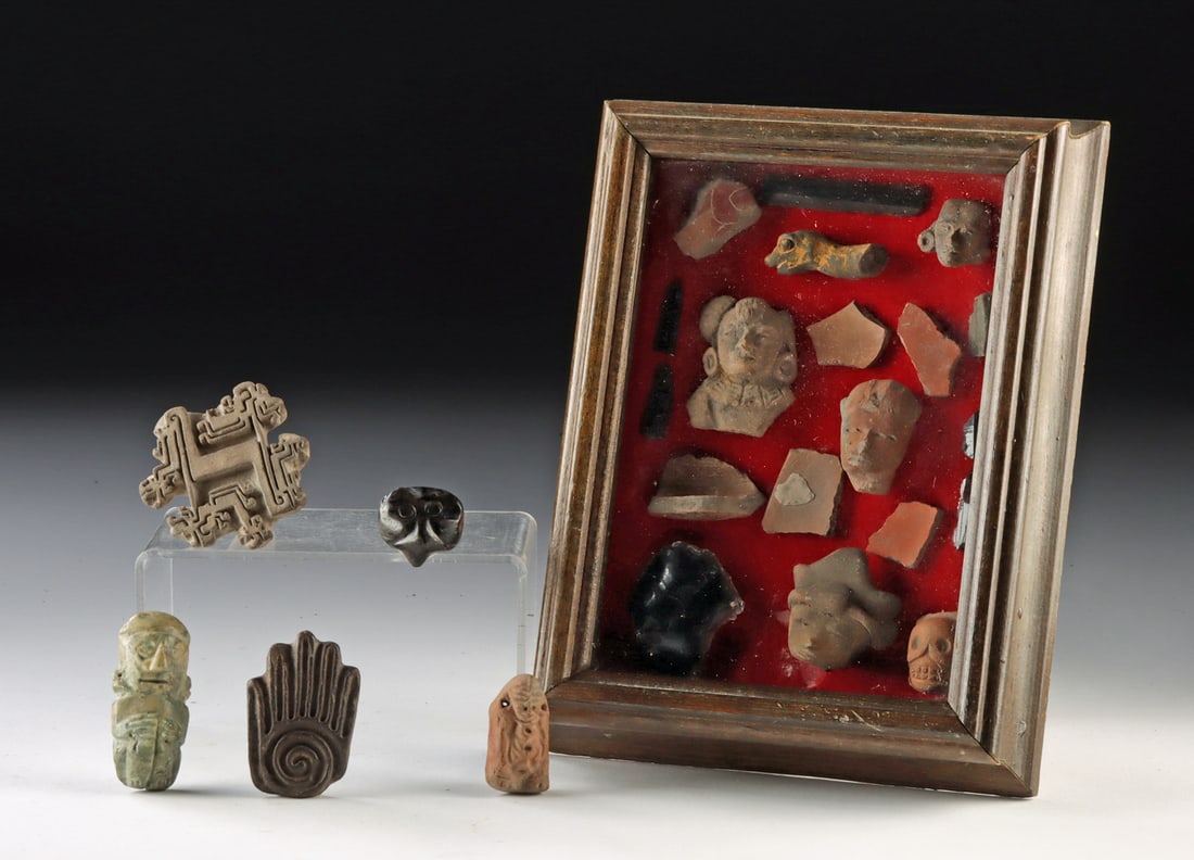 Mesoamerican Pottery Heads, Pendants & Obsidian: Pre-Columbian, Mexico to Ecuador, ca. 300 BCE to 1500 CE. A varied collection of ancient pottery and stone artifacts from across Mesoamerica and South America. The group includes obsidian blade fragme