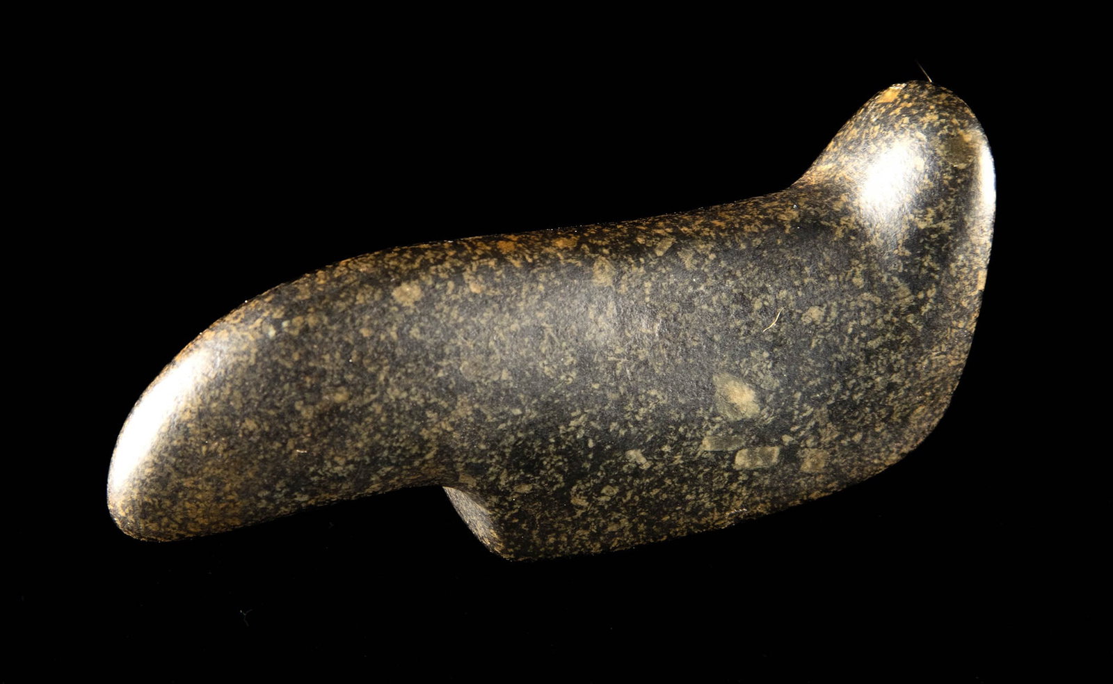 Native American Archaic to Early Woodland Birdstone: Native American, Eastern Woodlands, Late Archaic to Early Woodland period, ca. 1500 to 500 BCE. A finely polished stone birdstone carved in a graceful, abstract form with a raised head and elongated b
