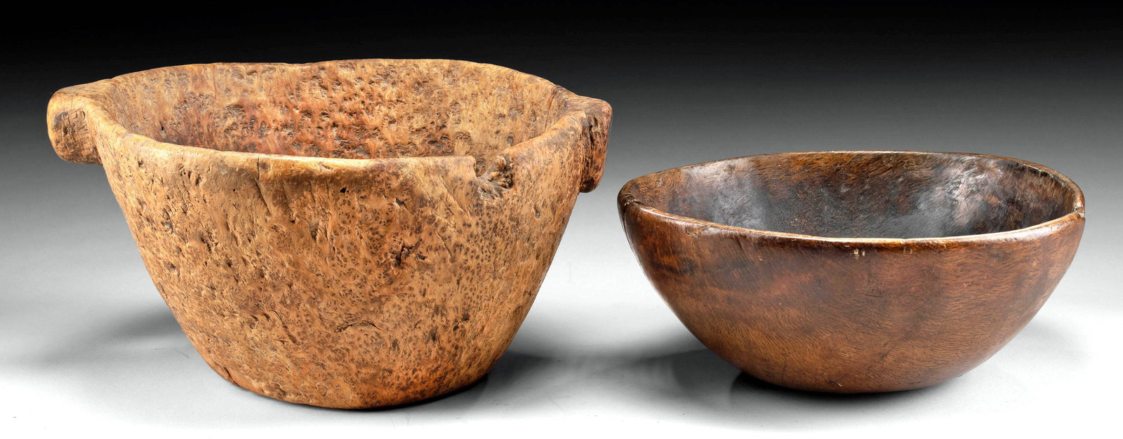 19th C. Native American Wood Mortar + Gambling Bowl: Native American, Plains Indian, ca. 19th century CE. A splendid pair of hand-carved wood bowls, a mortar and a gambling bowl, each boasting elegant yet minimalist forms. Sculpted from the burl of a tr