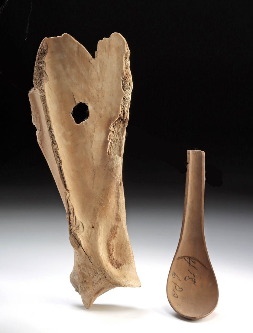 Native American Bison Scapula & Cedar Potlatch Spoon: Native American, Western United States / Pacific Northwest Coast, ca. Plains & Tlingit / Haida cultures, ca. 19th century CE. This grouping includes a bison scapula scraper and a large cedarwood spoon