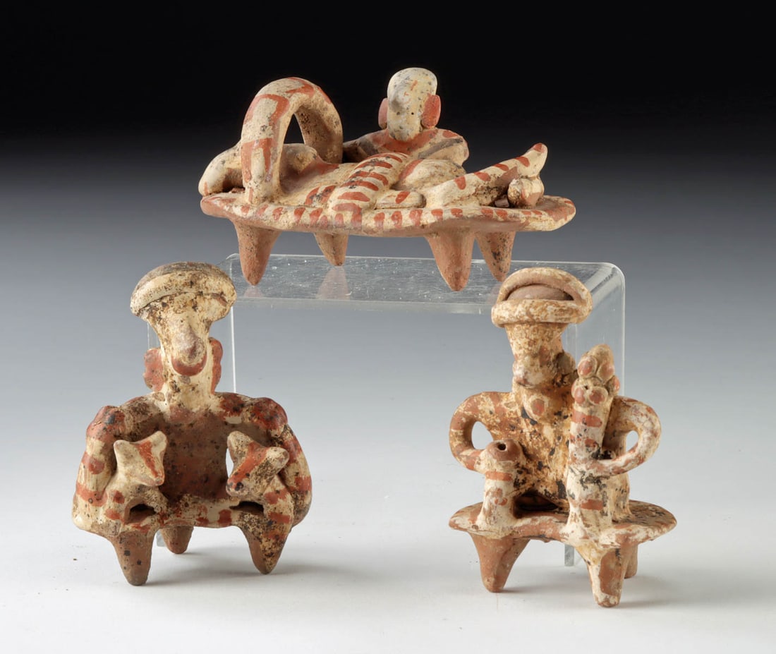 Three Nayarit Pottery Figures - All Same Maker: Pre-Columbian, West Mexico, Nayarit, ca. 200 BCE to 300 CE. Rarely found together, all three of these fine examples were made by the same hand! A compelling and intact trio of Nayarit ceramic figures,