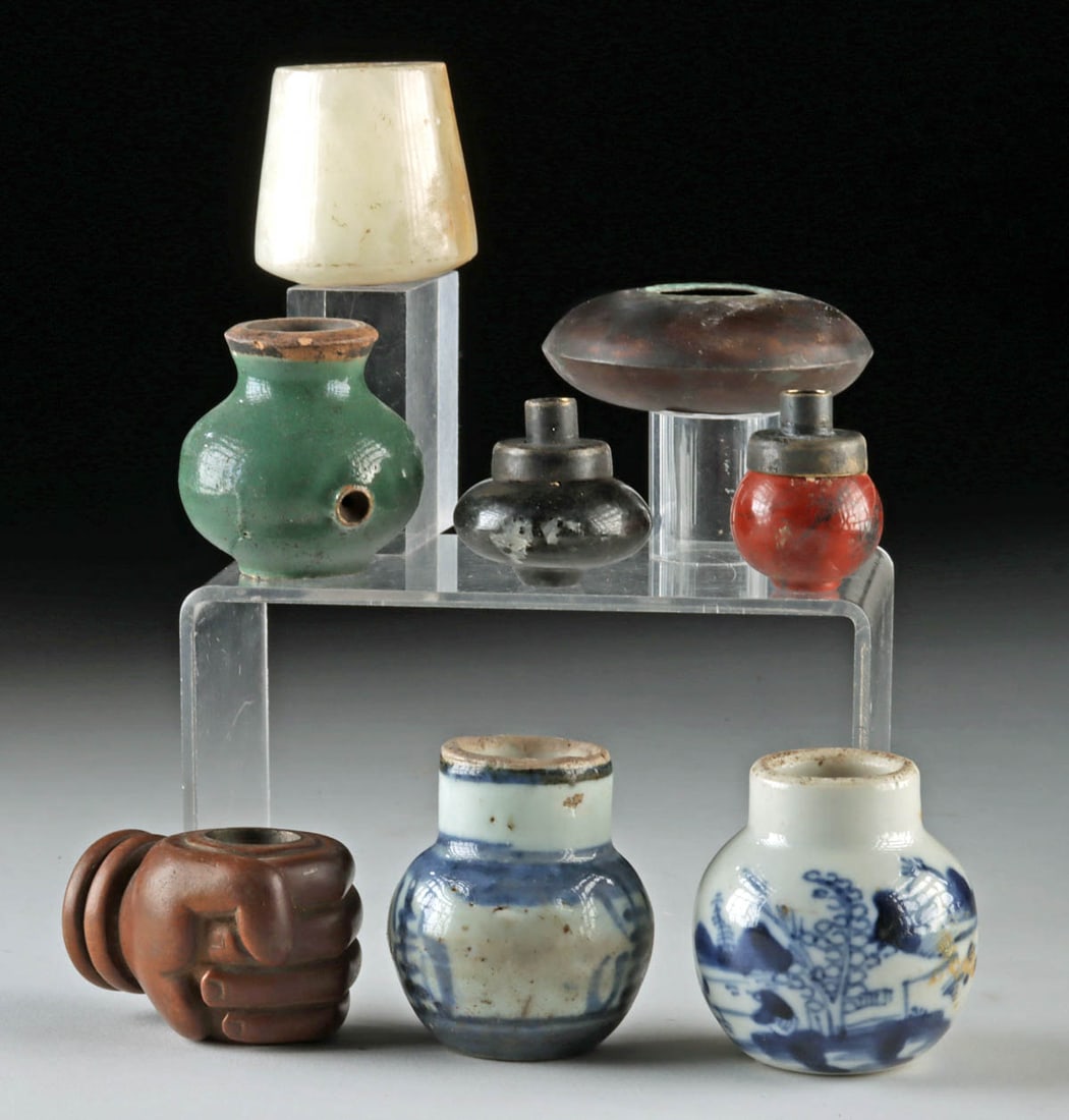 8 Chinese Pipe Bowls, Pottery, Stone, Brass & Wood: East Asia, China, Qing Dynasty, ca. 19th to mid-20th century CE. A collection of assorted smoking pipe bowls illustrating the wide range of materials and decorative approaches used in Chinese pipe pro