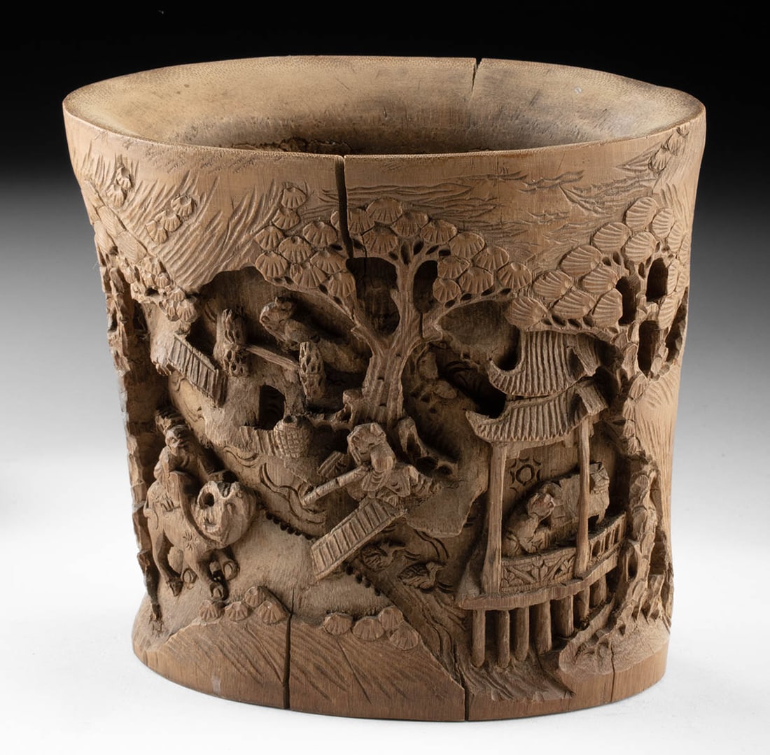 Chinese Bamboo Scholar Brush Pot, Landscape Scene (1 of 3)