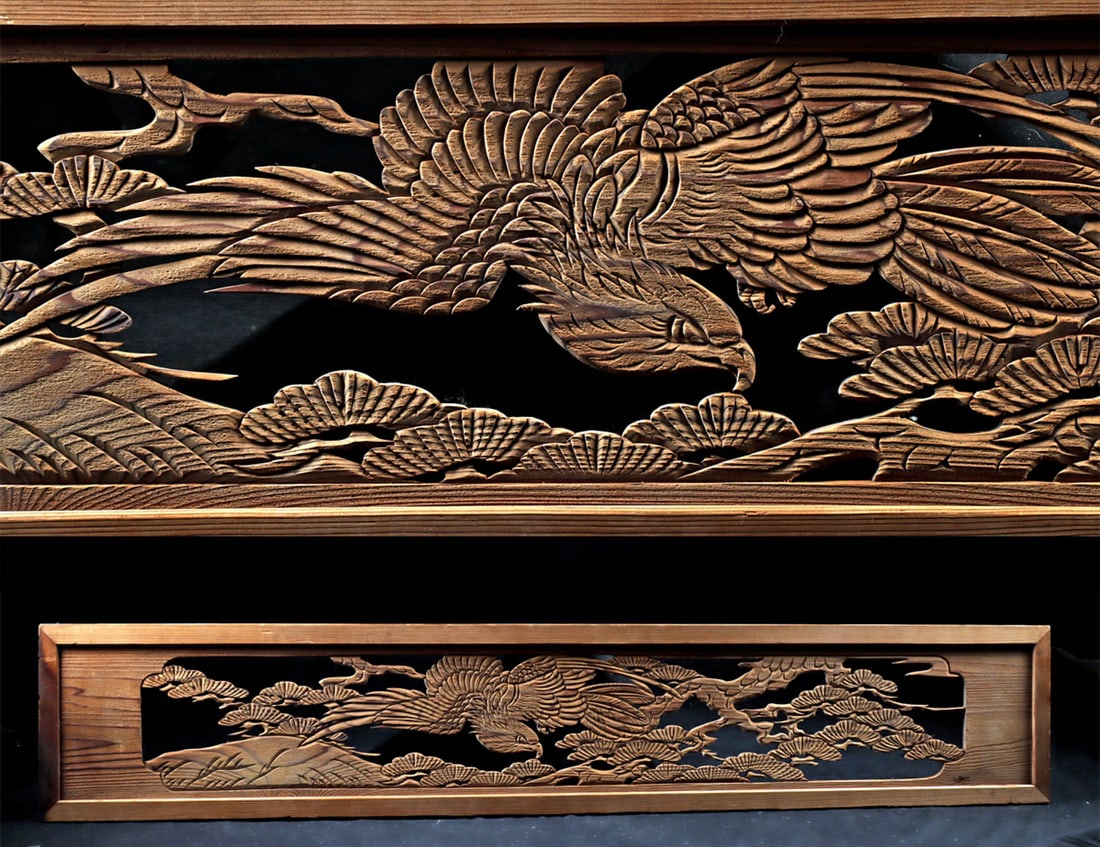 19th C. Japanese Meiji Era Ranma Transom with Eagle: East Asia, Japan, Meiji Period, ca. 19th to early 20th century CE. A carved wood architectural transom (ranma) rendered in openwork with an eagle poised among the gnarled branches of a windswept pine.