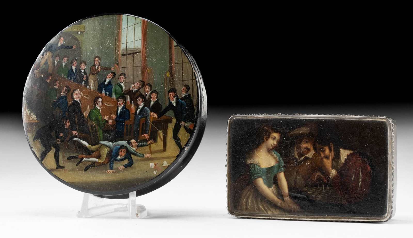 18th C. German Silver and British Wood Snuffboxes (2): Central Europe, Germany, Braunschweig (Brunswick), possibly by Johann Heinrich Stobwasser (1740-1829), ca. late 18th century CE; Northern Europe, England, ca. 19th century CE. A pair of narrative snuf