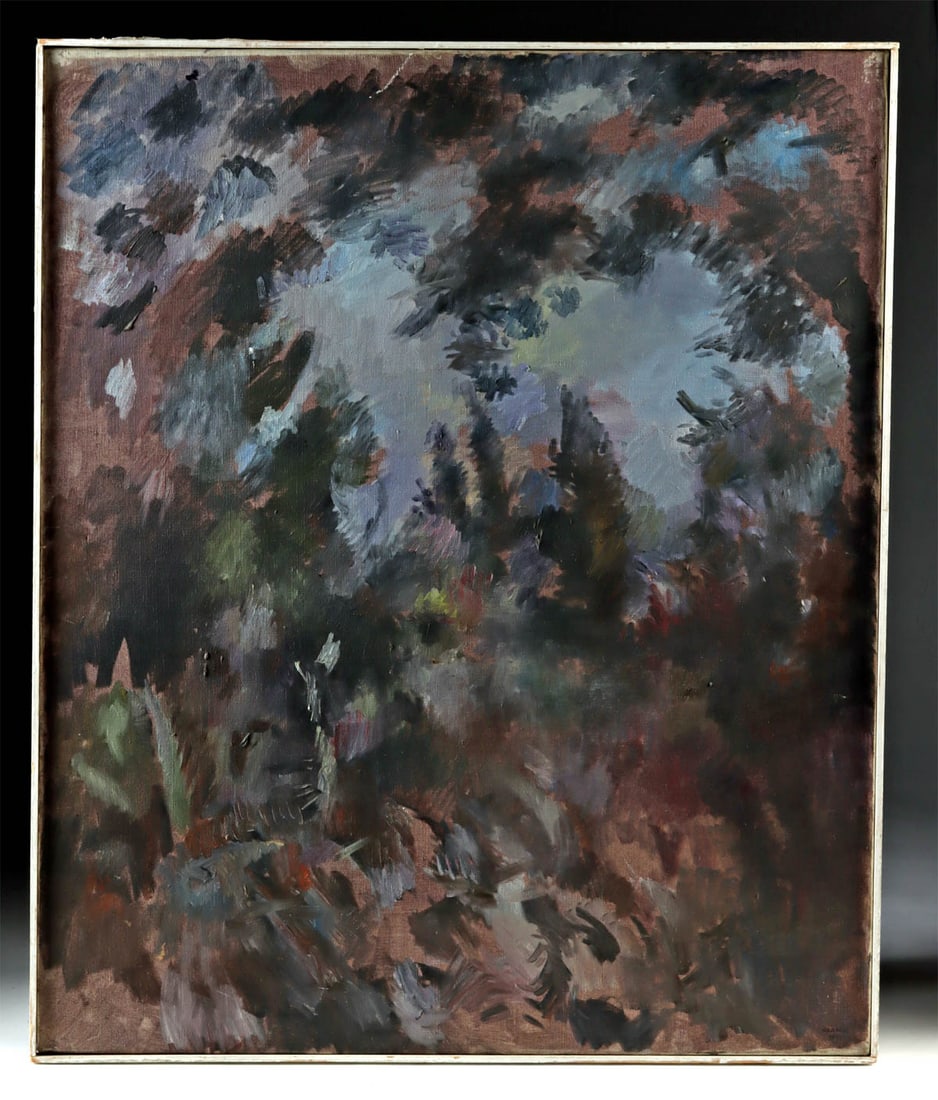 Edith Kramer Painting "Moonlit Woods" (1971): Edith Kramer (Austrian born American, 1916-2014). "Moonlit Woods, Vermont" oil on canvas, 1971. Signed and dated at lower right. Titled and dated on verso. Inscribed "Night Painting" on top edge. Bath
