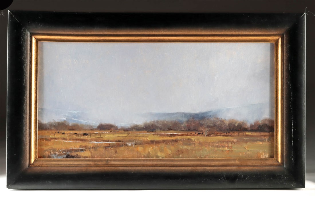 Marc Hanson Painting - "Descending Mist": Marc R. Hanson (American, b. 1955). "Descending Mist / NW Crane Hollow DR" oil on canvas, n.d. Signed at lower left and titled on verso. A veil of mist drifts low across an open Colorado landscape, tu