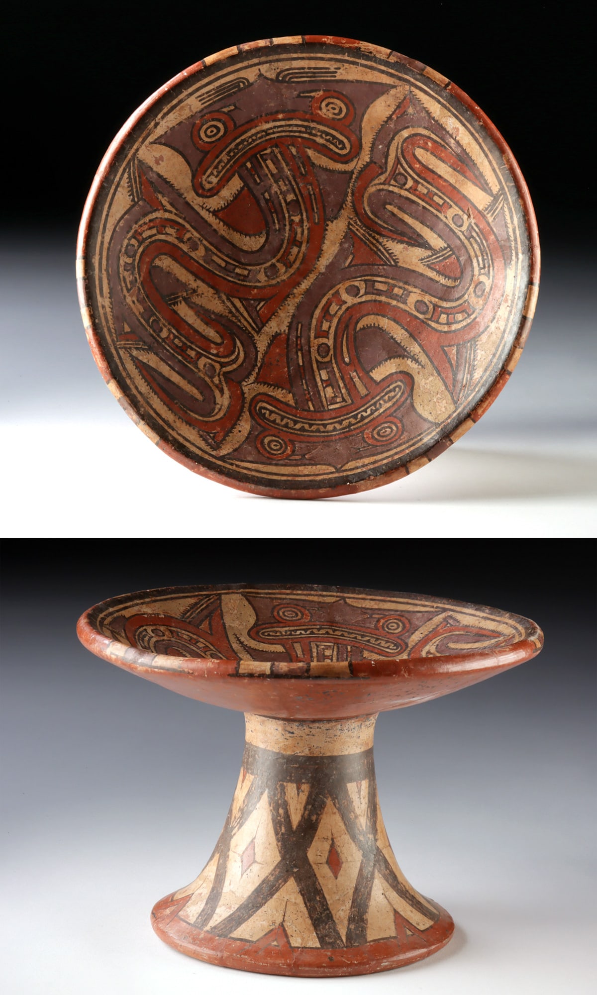 Gran Cocle Pedestal Pottery Vessel w/ Hammerhead Shark: Pre-Columbian, Central America, Panama, Gran Cocle, Parita type, ca. 800 to 1200 CE. A pottery pedestal dish with a wide, shallow basin and flared foot, decorated in black, red, and cream pigments wit