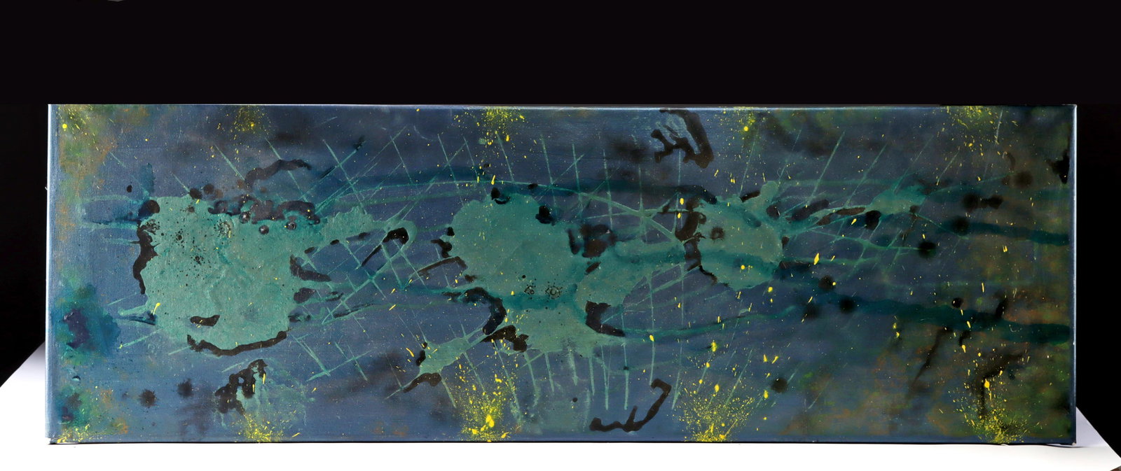 Abstract Painting by James London (2009): James London (American?, active XXI century). Abstract expressionist composition. Oil on canvas, 2009. Signed and dated on verso. In a cinematic sweep of indigo and viridian animated by citron specks,