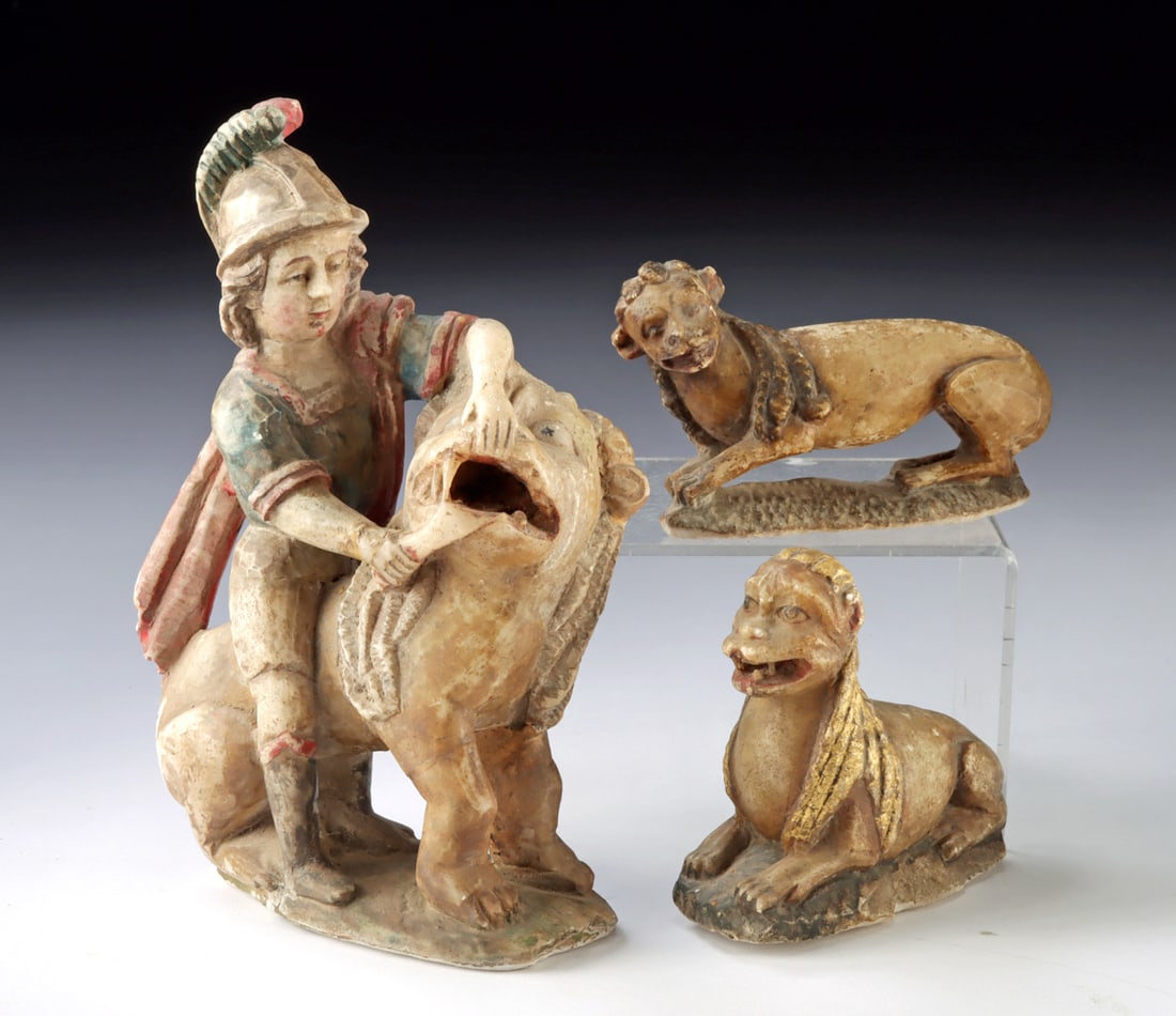 3 Colonial Peru Alabaster Figures - Samson w/ Lions: South America, Peru, Spanish Colonial, ca. late 17th to 18th century CE. A dramatic tableau of strength and conquest unfolds in softly carved stone, where man and beast meet in a moment of struggle an