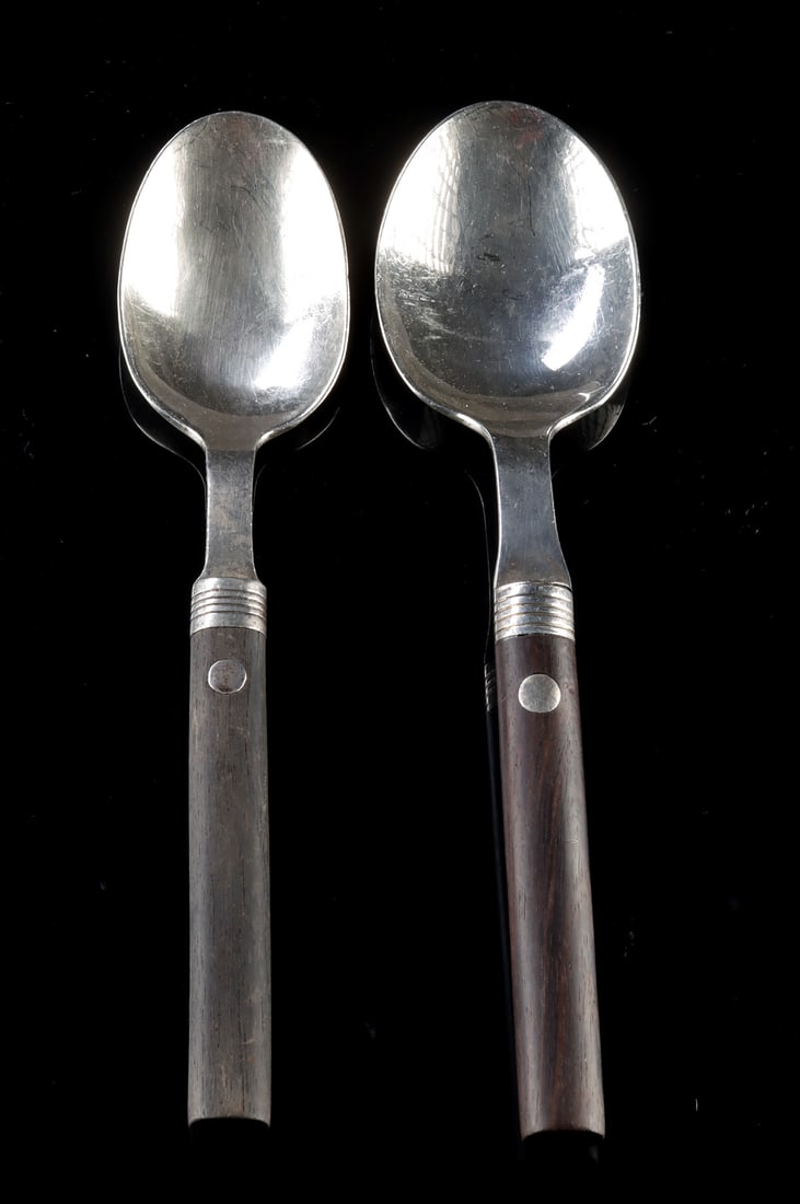 2 Mexican Silver & Wood Spoons - Spratling TS-24: William Spratling (American/expatriate in Mexico, 1900-1967). Produced by Sucesores de William Spratling. Two silver and wood spoons, ca. 1979 or later. Both marked with Spratling hallmark on versos;