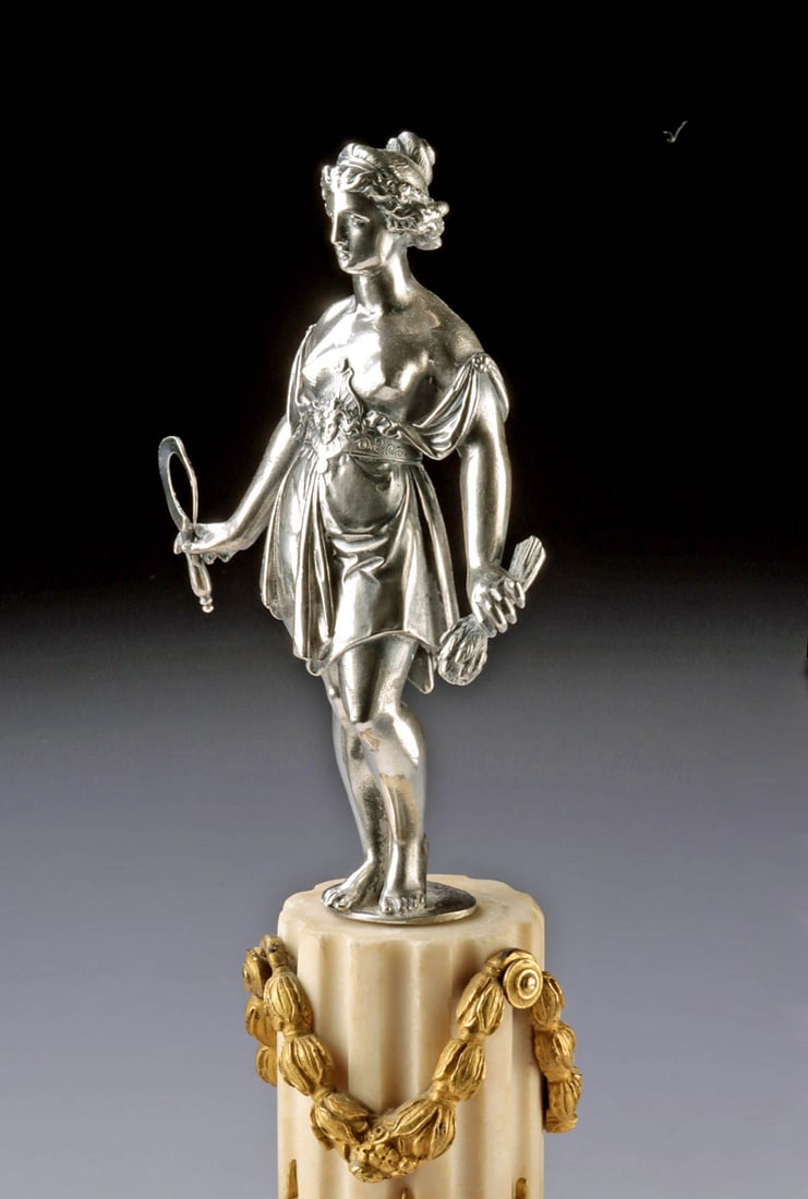 19th C. French Neoclassical Silver Ceres on Marble Base: Western Europe, France, Neoclassical period, ca. 19th century CE. A graceful embodiment of abundance and cultivation, this finely cast French silver figure represents Ceres, the Roman goddess of agric
