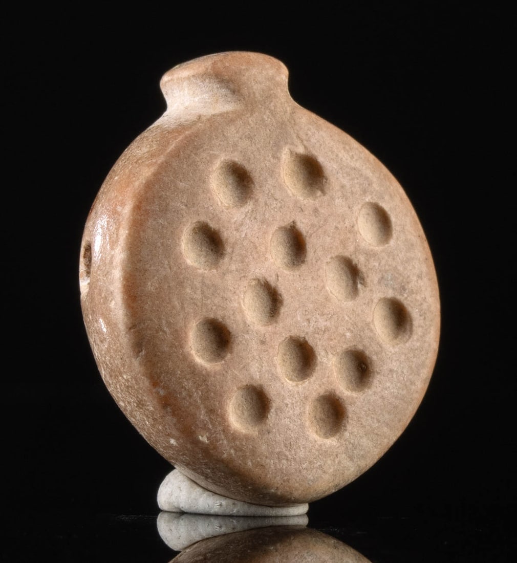 Mesopotamian Stone Seal, Examined by Prof. Lambert: Ancient Near East, Mesopotamia, Jemdet Nasr Period, ca. 3100 to 2700 BCE. A hemispheroid stone in the form of a bowl with a side handle, featuring a flattened face with shallow, drilled circles and pi
