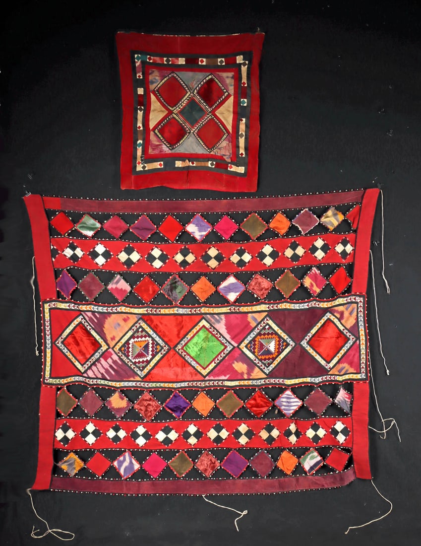 Two Vibrant Uzbek Patchwork Kurak Textiles: Central Asia, Tajikistan, Uzbekistan or Kazakhstan, Uzbek people, ca. mid-20th century CE. A pair of patchwork textiles known as kurak, composed of colorful cotton, velvet, wool, and silk fragments ar