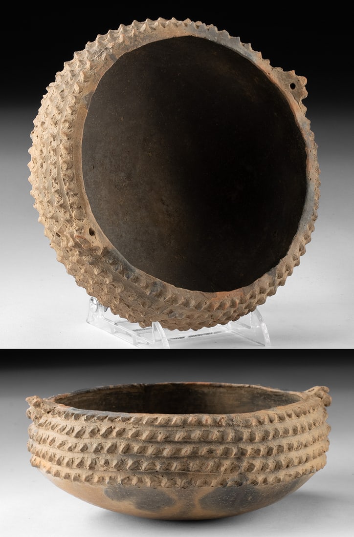 Mississippian Caddo Pottery Knobbed Bowl: Native American, Mississippian, Caddo culture, ca. 900 to 1500 CE. A finely hand-built Mississippian Caddo pottery bowl featuring a rounded form encircled by rhythmic rows of applied knobs and pierced