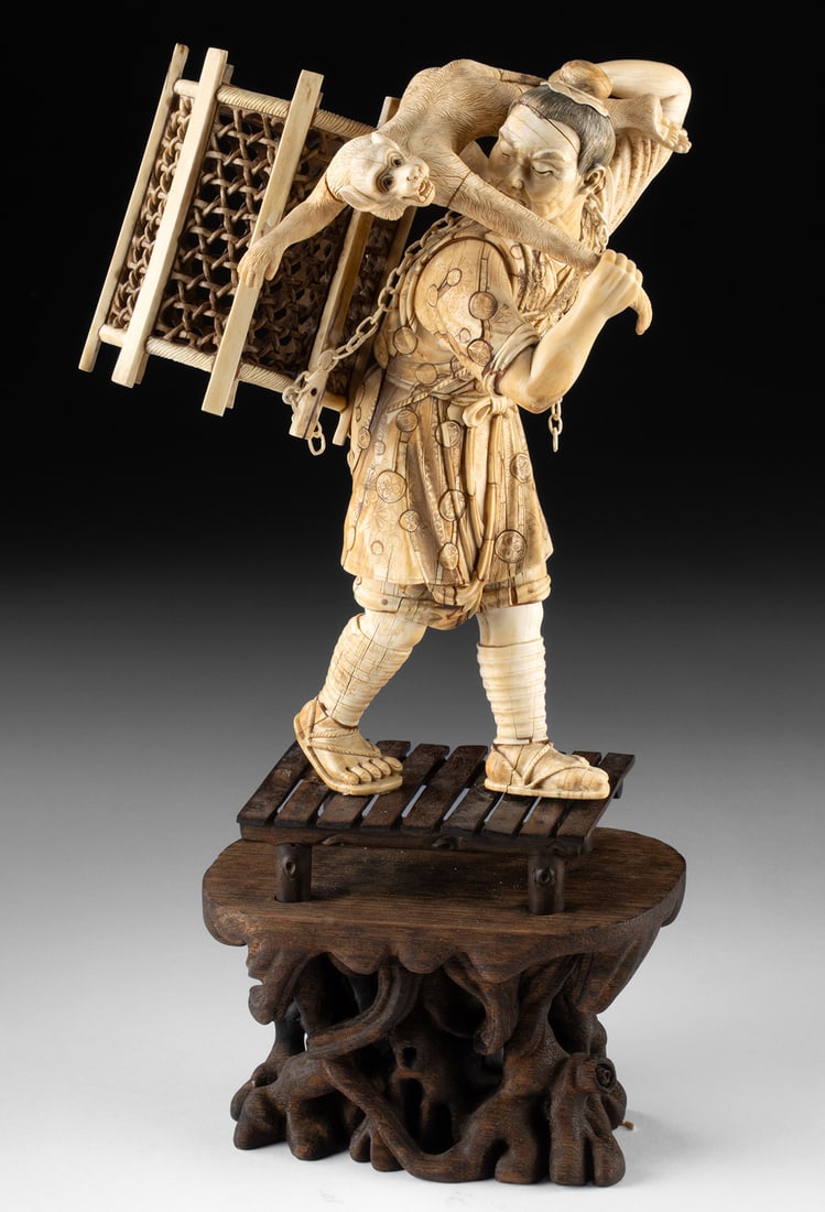 Japanese Ivory Okimono - Man with Monkey by Tadamori (1 of 6)