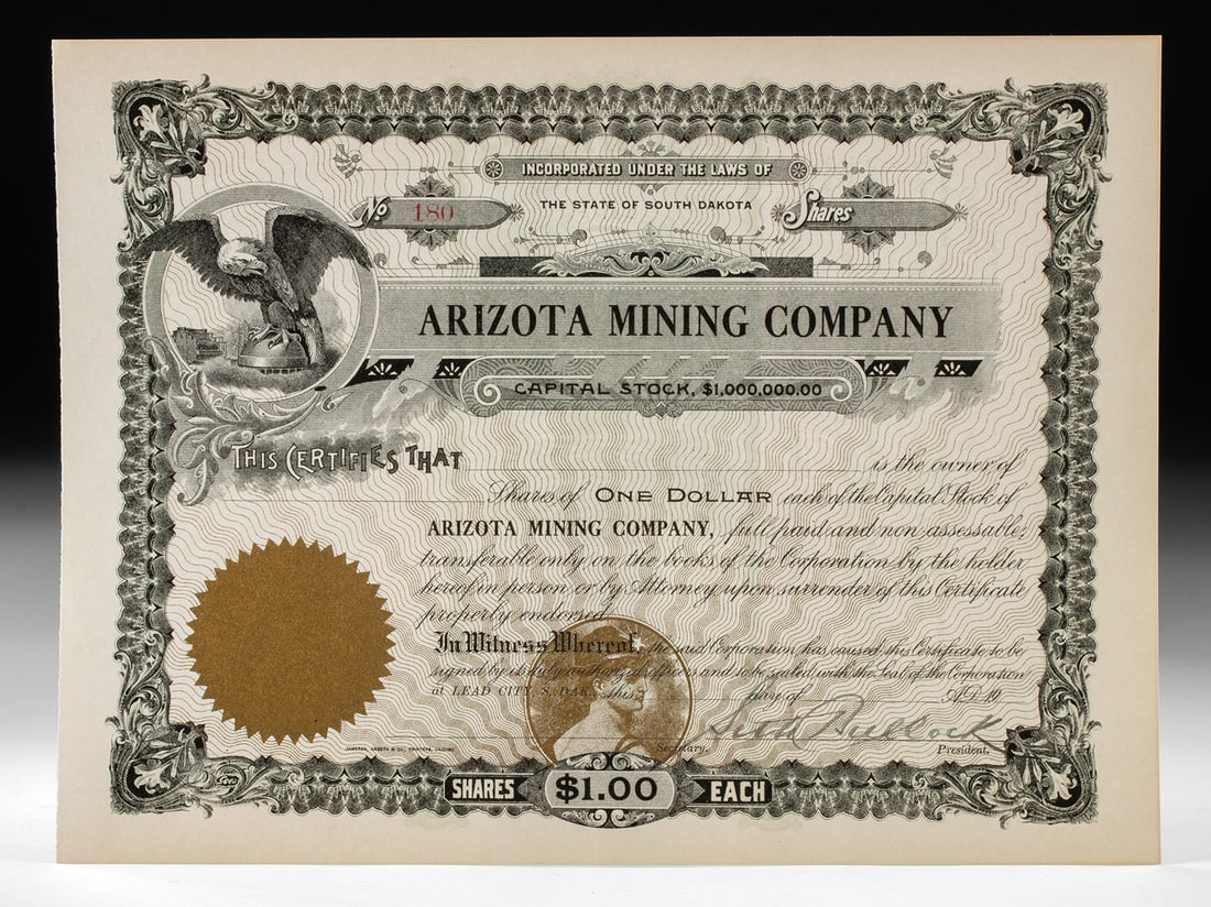 Deadwood Seth Bullock Signed Mining Stock Certificate (1 of 2)