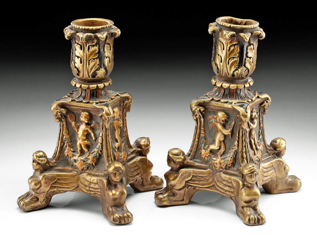 1930s Revival Enameled Copper Sphinx-Leg Candlesticks (1 of 4)